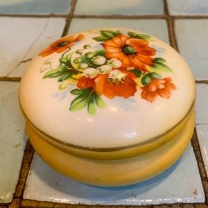 Vintage Austrian Floral Porcelain Powder or Trinket Box with Gold Border